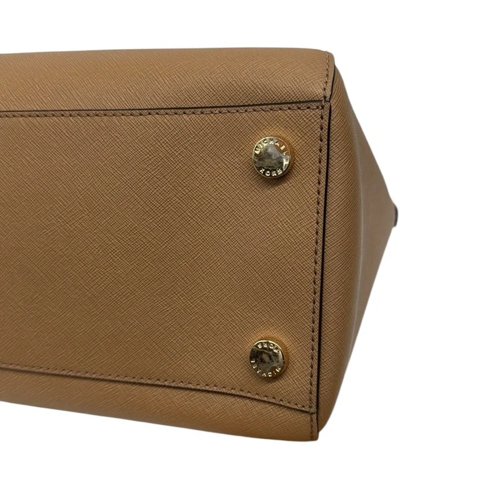 Michael Kors Camel-Beige Saffiano Leather Double Top Handles Satchel Bag Purse